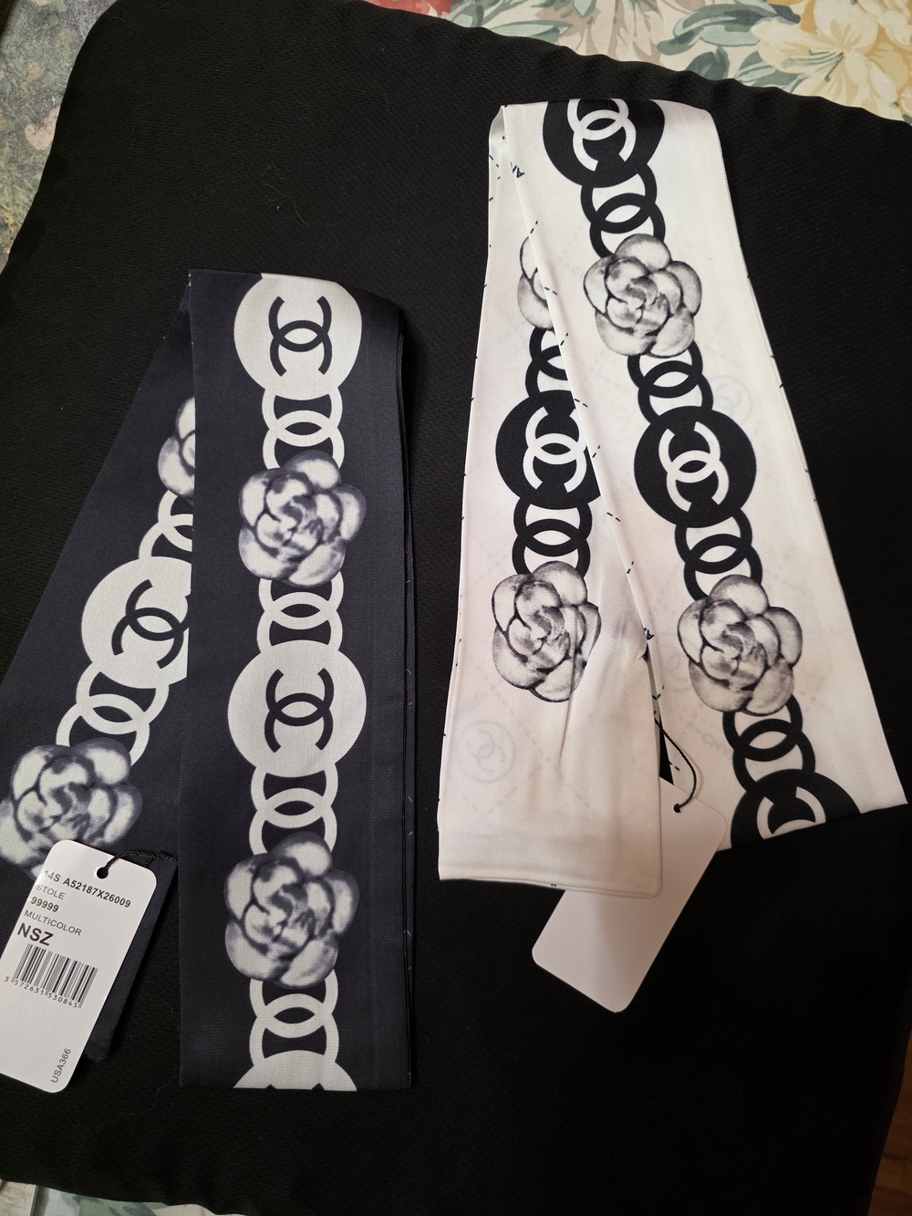 Luxury Inspired Black & White Floral Chain Print Silk Twilly Scarf Set Of 2